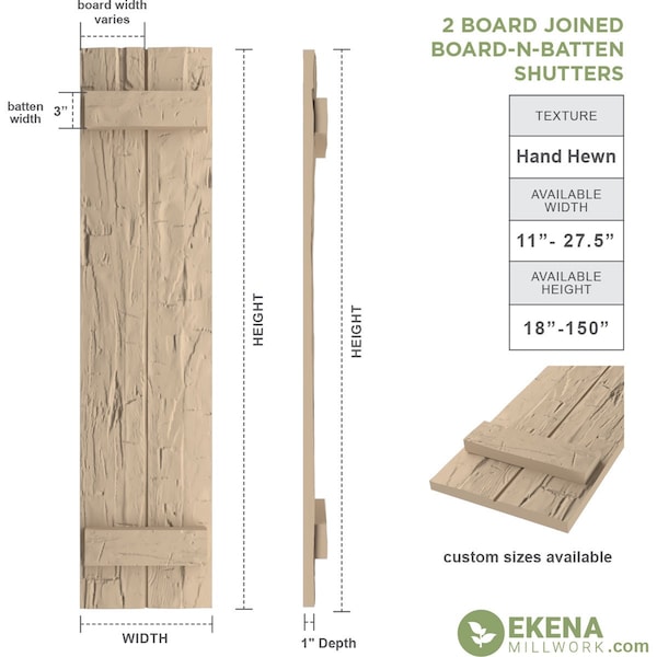 Rustic Two Board Joined Board-n-Batten Hand Hewn Faux Wood Shutters, 11W X 74H